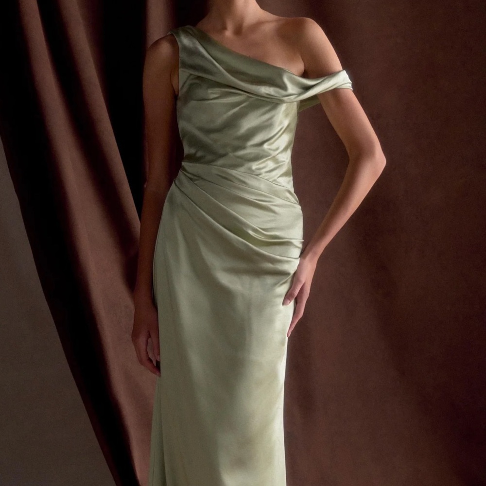 Meshki Green Ruched One Shoulder Gown